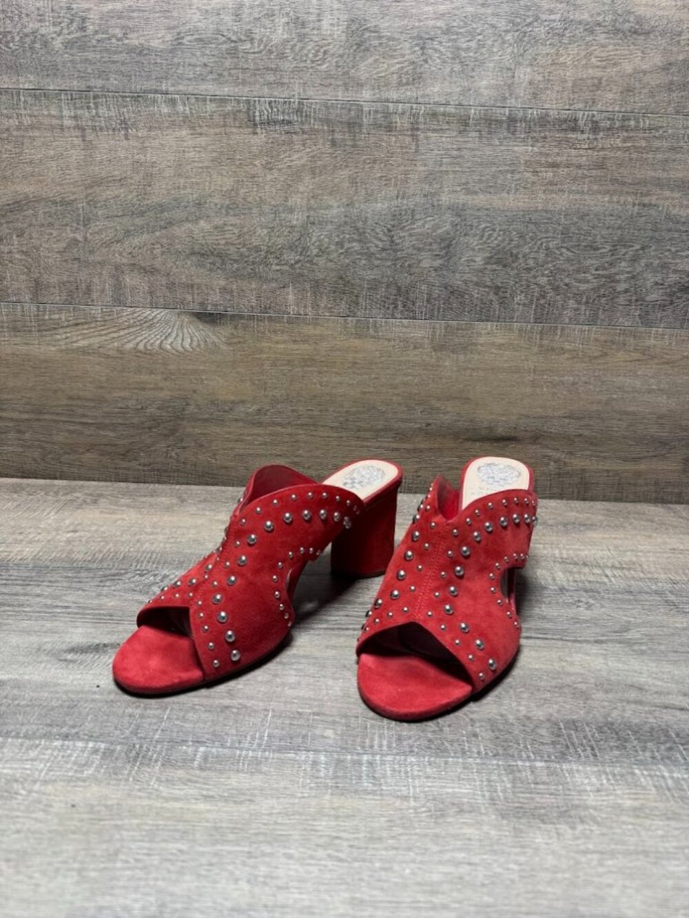 Vince Camuto Jorlyn Red Suede Silver Studded Slip On Mules Women's Size 10
